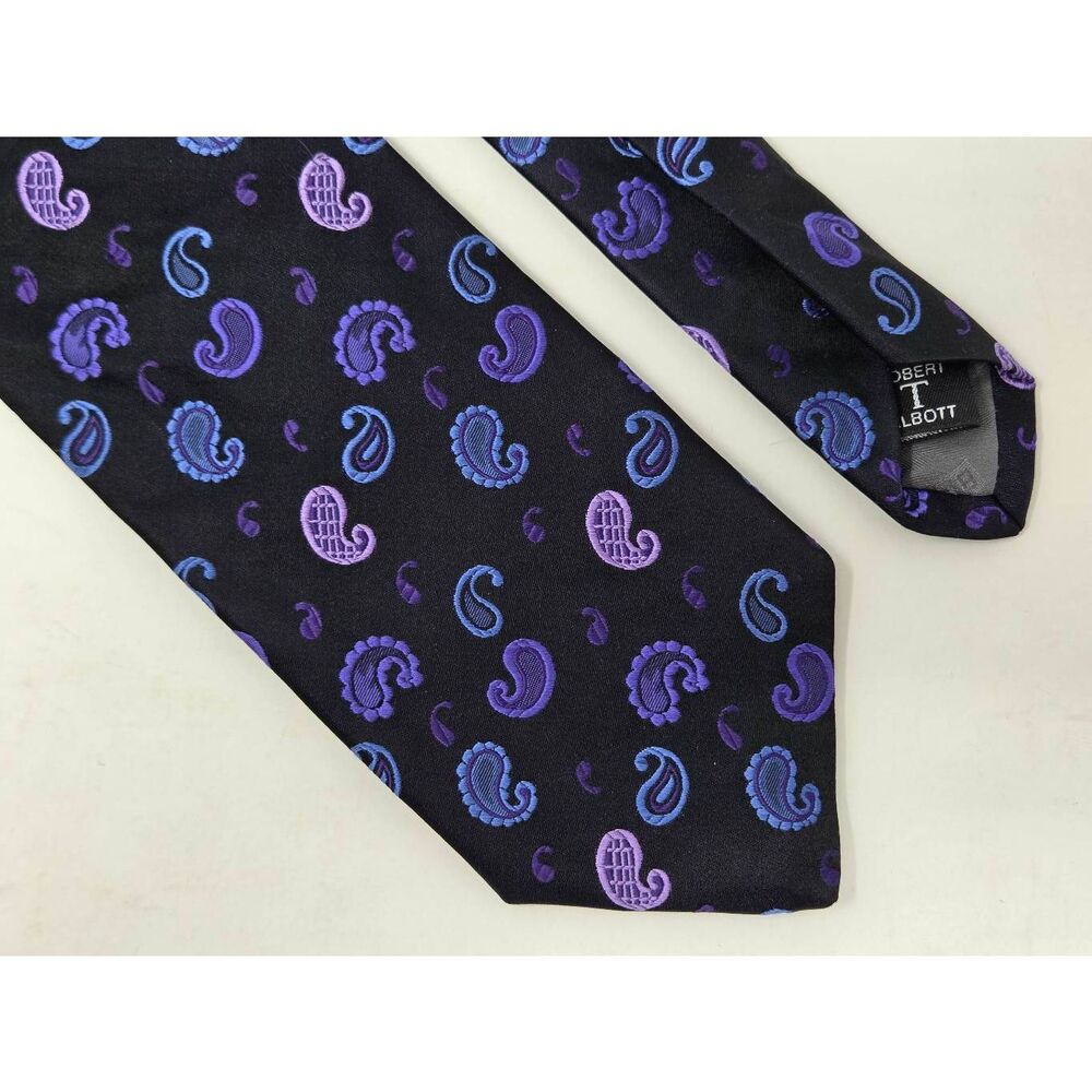 ROBERT TALBOTT BEST OF CLASS SILK TIE BLACK PURPLE PAISLEY EMBROIDERY 3.5" X 60"